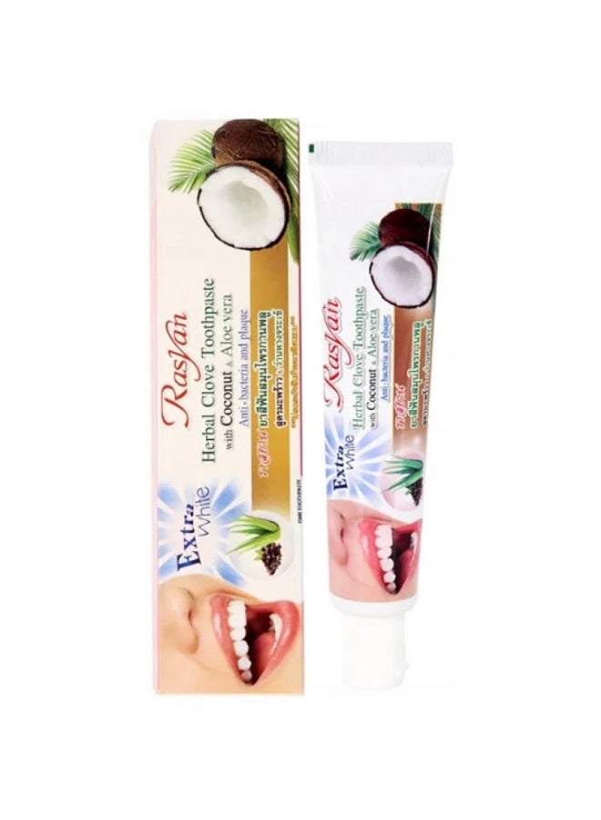Rasyan ISME RASYAN Herbal Clove Toothpaste with Coconut & Aloe Vera, Extra White, Oral Odor Care, 30g - Image 1