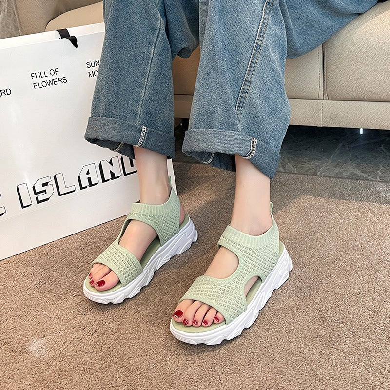 Sports Sandals Women'S 2025 Summer Breathable Fly-Woven Mesh Hollow Fish-Mouth Shoes One-Word Platform Platform Casual Sandals - Image 3