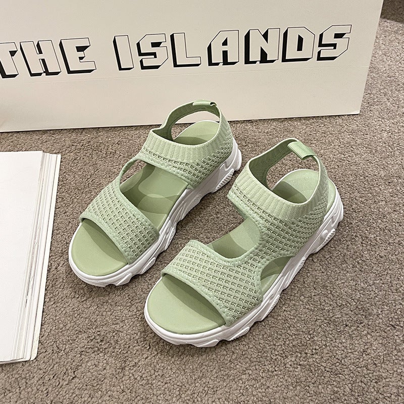 Sports Sandals Women'S 2025 Summer Breathable Fly-Woven Mesh Hollow Fish-Mouth Shoes One-Word Platform Platform Casual Sandals - Image 1