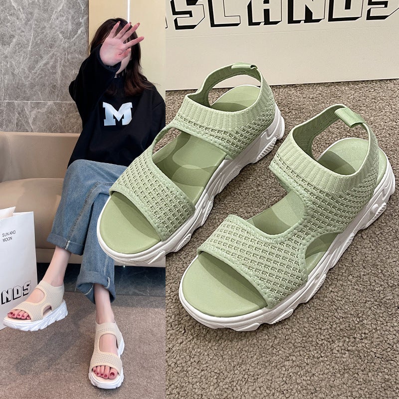 Sports Sandals Women'S 2025 Summer Breathable Fly-Woven Mesh Hollow Fish-Mouth Shoes One-Word Platform Platform Casual Sandals - Image 2