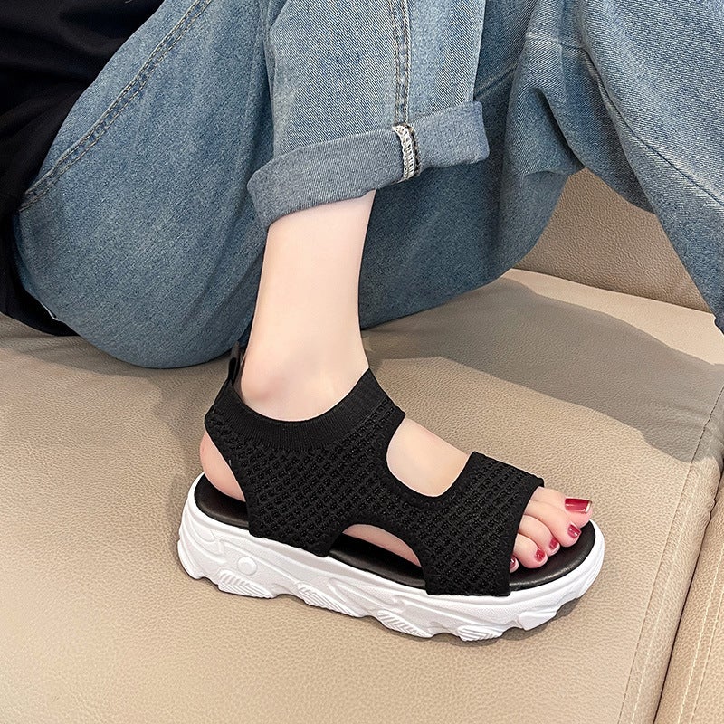 Sports Sandals Women'S 2025 Summer Breathable Fly-Woven Mesh Hollow Fish-Mouth Shoes One-Word Platform Platform Casual Sandals - Image 4