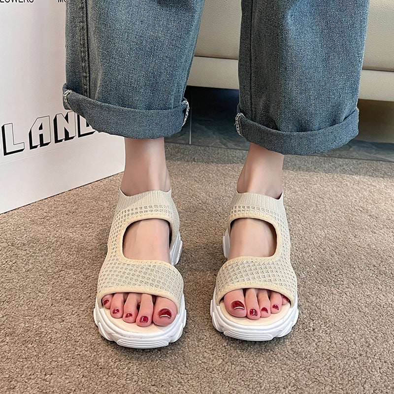 Sports Sandals Women'S 2025 Summer Breathable Fly-Woven Mesh Hollow Fish-Mouth Shoes One-Word Platform Platform Casual Sandals - Image 5
