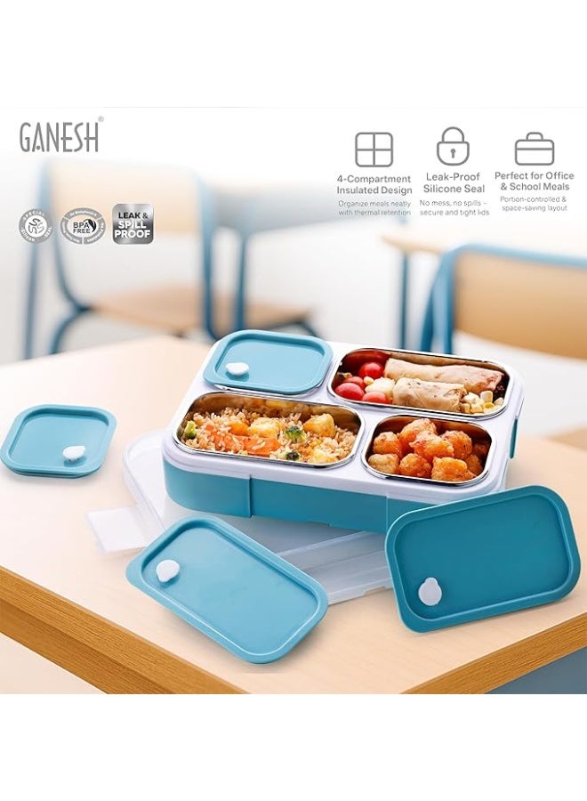 جانيش Ganesh Aspire 4 Compartment Stainless Steel Lunch Box Sealed Leakage Proof Lunch Box for Office School etc 500ml - Image 2