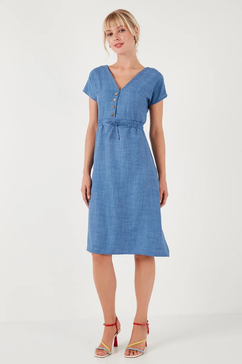 ليلا Button Front V-Neck Regular Fit Short Sleeve Midi Dress Women's Dress 5865747
