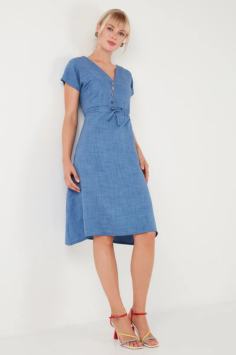 ليلا Button Front V-Neck Regular Fit Short Sleeve Midi Dress Women's Dress 5865747