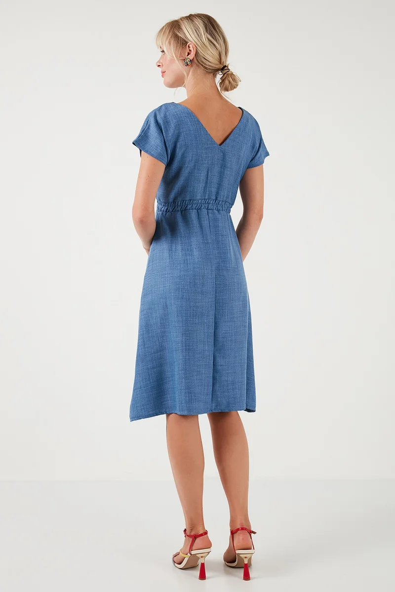 ليلا Button Front V-Neck Regular Fit Short Sleeve Midi Dress Women's Dress 5865747