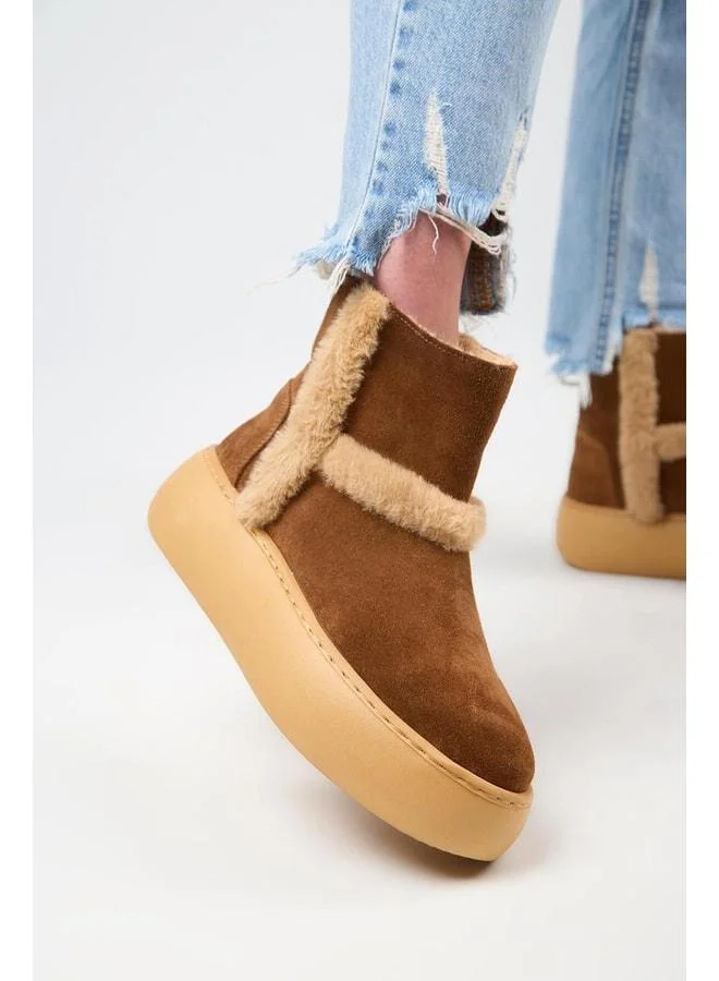(Azura) Women's Genuine Leather Boots with Fur Lining and Fur Stripes.