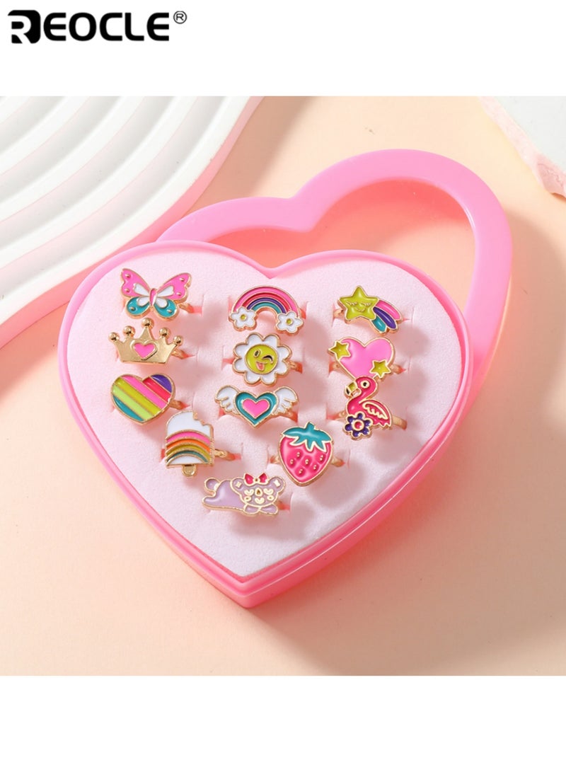ريوكل 12 قطعة من مجموعة خواتم الأطفال متعددة المواضيع علبة على شكل قلب مع تعليقات مرحة إكسسوارات للارتداء اليومي العارض - Image 1