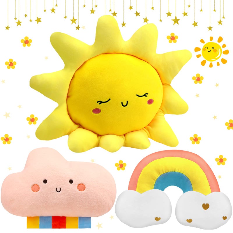 Queekay 3 x Sun Shaped Cushions Rainbow Cloud Moon Star Decorative Pillow Cute Soft Plush Pillow for Nursery Room (Rainbow, Cloud, Sun) - Image 1