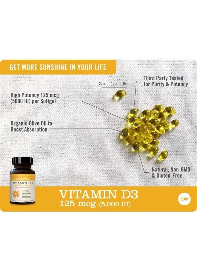NatureWise - Vitamin D3 5000iu (125 mcg) Healthy Muscle Function, and Immune Support, Non-GMO, Gluten Free in Cold-Pressed Olive Oil, Packaging Vary ( Mini Softgel), 90 Count - Image 1