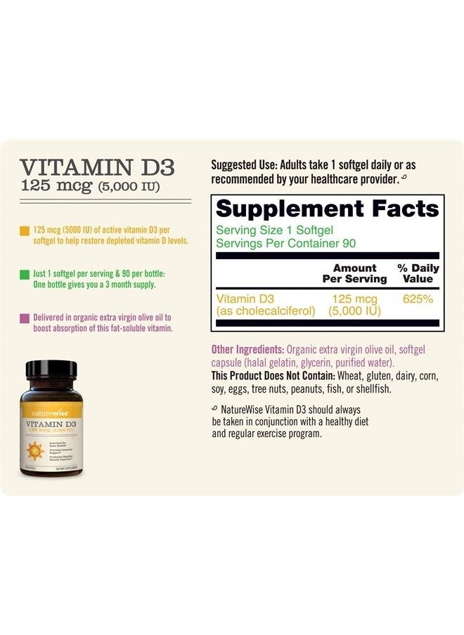 NatureWise - Vitamin D3 5000iu (125 mcg) Healthy Muscle Function, and Immune Support, Non-GMO, Gluten Free in Cold-Pressed Olive Oil, Packaging Vary ( Mini Softgel), 90 Count - Image 1