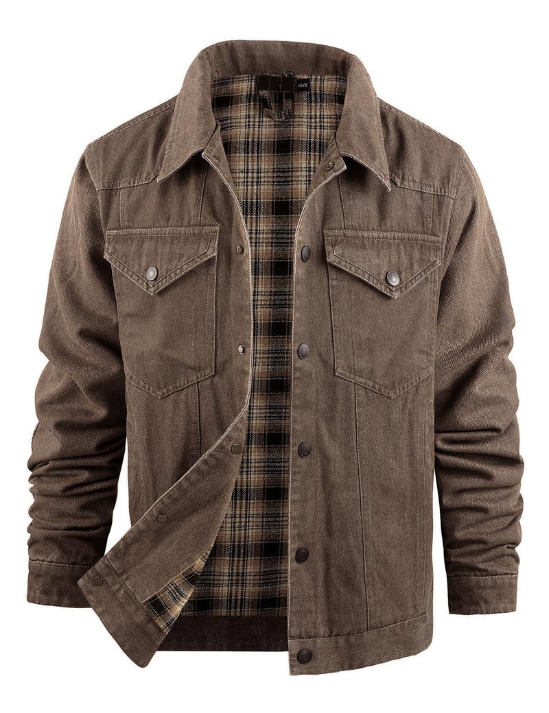 Flygo Mens Flannel Lined Denim Jacket Snap Cowboy Cut Western Classic Slim Fit Vintage Heavy Duty Jacket Trucker CoatBrownM