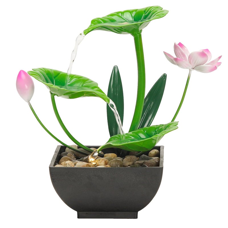 YOQUATE Water Fountain Indoor Waterfall Fountain 3-Tier Tabletop Fountain Lotus Desk Relaxation Home Decor Including Lots of Rocks and Soothing Sound Machine (Green 1) - Image 1