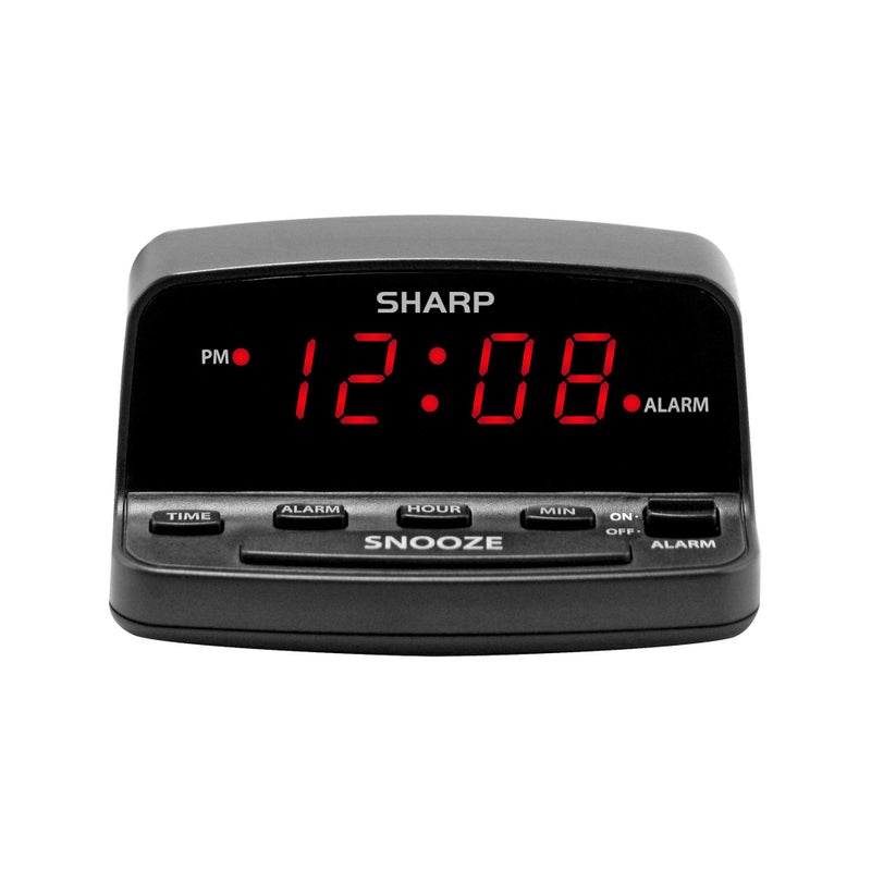 Sharp Digital Alarm Clock with Keyboard Style Controls Battery Backup Easy to Use with Simple Operation Black Case with Red LED Display
