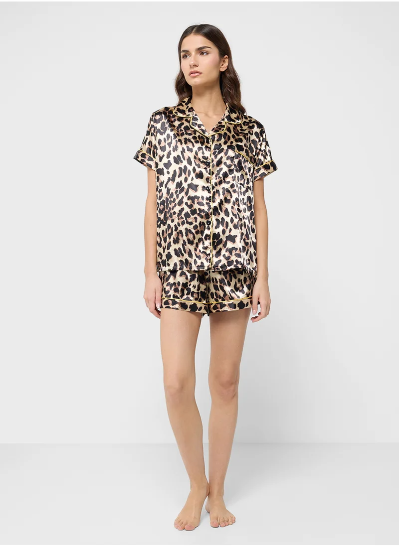 Ginger Leopard Print Satin Shirt & Short Pj Set