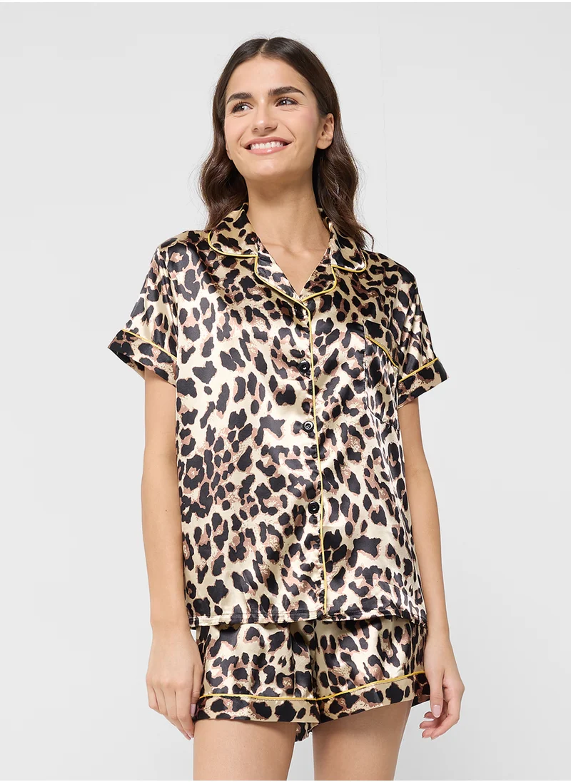 Ginger Leopard Print Satin Shirt & Short Pj Set