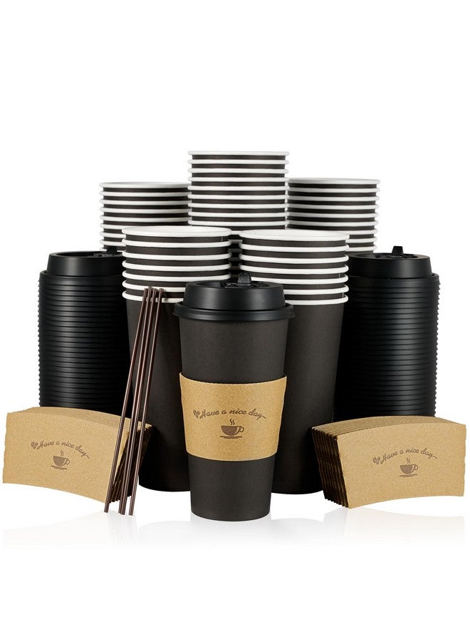 عبوة من 50 كوبًا ورقيًا للقهوة سعة 20 أونصة من LITOPAK لمشروبات الشوكولاتة الساخنة، أكواب قهوة سوداء للاستخدام مرة واحدة مع أغطية وأكمام وعصي تحريك للحفلات والنزهات والسفر والفعاليات - Image 1