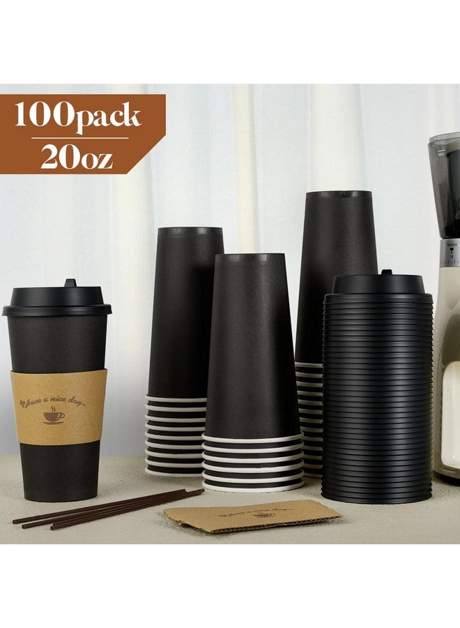 عبوة من 50 كوبًا ورقيًا للقهوة سعة 20 أونصة من LITOPAK لمشروبات الشوكولاتة الساخنة، أكواب قهوة سوداء للاستخدام مرة واحدة مع أغطية وأكمام وعصي تحريك للحفلات والنزهات والسفر والفعاليات - Image 3