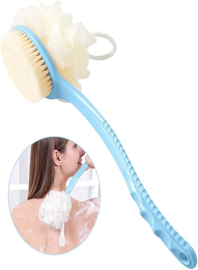 Freskaro 2 in 1 Shower Brush - Dry Skin Body Exfoliator - Shower and Bath Scrubber, Soft and Stiff Massage Bristles, Long Handle, Deep Cleansing, Exfoliating, Radiant Complexion