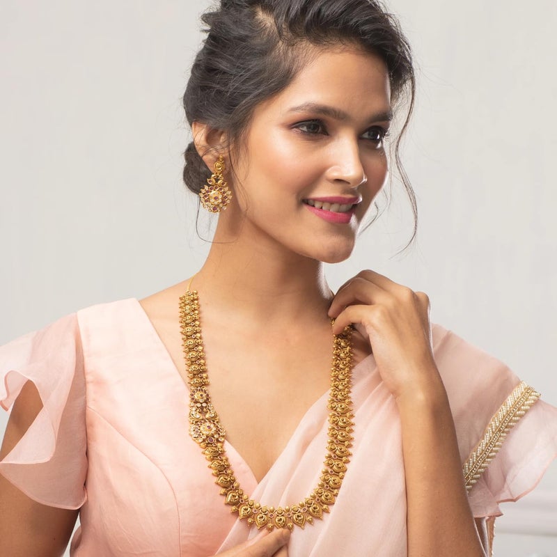 TARINIKA Antique Gold Plated Indian Long Necklace Set for Women with Jhumka, Dangle, Drop Earring Brass Traditional Wedding Desi Jewelry CZ Gemstone Bridal Necklace (Yahvi Antique) - Image 2