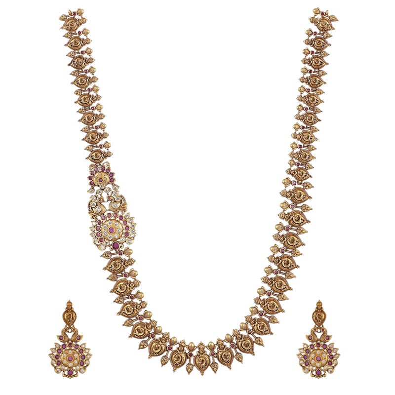TARINIKA Antique Gold Plated Indian Long Necklace Set for Women with Jhumka, Dangle, Drop Earring Brass Traditional Wedding Desi Jewelry CZ Gemstone Bridal Necklace (Yahvi Antique) - Image 1
