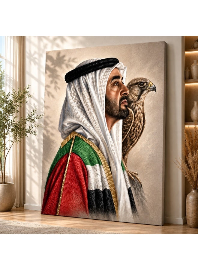 ARS Framed Canvas Wall Art Print UAE Leader, Uae Flag, 55 National Day, Leader, with Falcon, Modern Arabic Wall Decor Painting for Living Room, Bedroom, Office, Ready to Hang, Multiple Sizes - Image 1