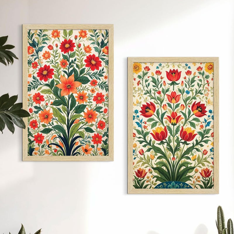 ArtX Paper Flowers Art Paintings with Frame for Home Decor Floral Wall Painting for Living Room Multicolor Natural Wood Color Frames Set of 2