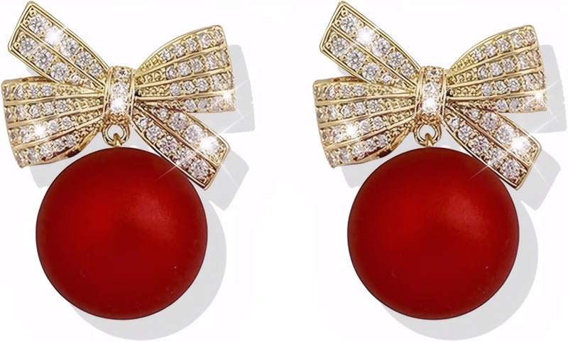 ecozran Sparkling Red Bow Earrings for Women Teardrop Jewelry Gifts Rhinestone Chain Tassel Earring Christmas Giftsï¼ˆRed-Qï¼‰ - Image 1