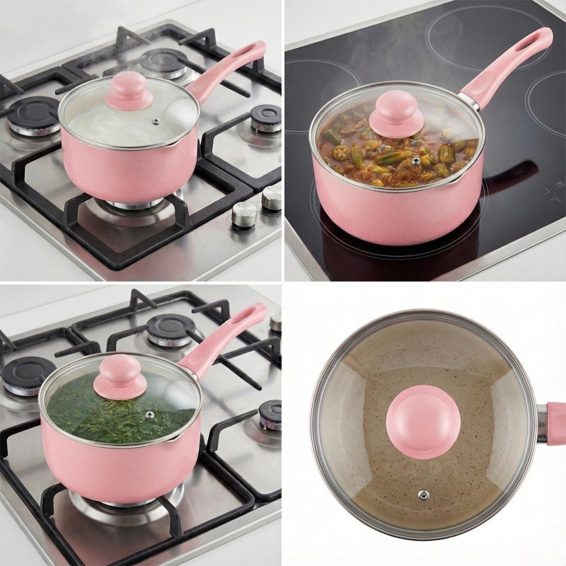 Pink Granite Non-Stick Casserole Milk Pot with Glass Lid - Mini Pot for Coffee Maker, Egg Poaching, Food Preparation - Heat Distributing Base for All Stovetops (14CM) - Image 2