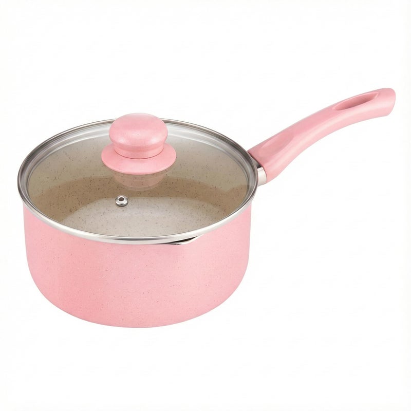 Pink Granite Non-Stick Casserole Milk Pot with Glass Lid - Mini Pot for Coffee Maker, Egg Poaching, Food Preparation - Heat Distributing Base for All Stovetops (14CM) - Image 1