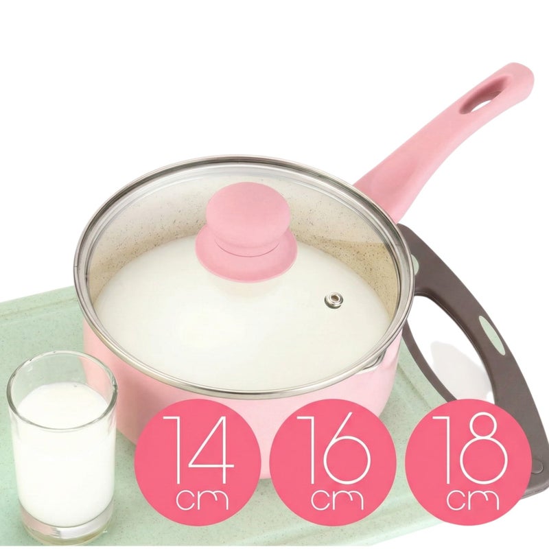 Pink Granite Non-Stick Casserole Milk Pot with Glass Lid - Mini Pot for Coffee Maker, Egg Poaching, Food Preparation - Heat Distributing Base for All Stovetops (14CM) - Image 4