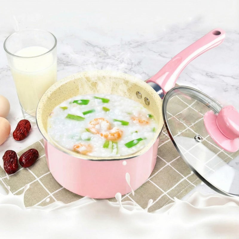 Pink Granite Non-Stick Casserole Milk Pot with Glass Lid - Mini Pot for Coffee Maker, Egg Poaching, Food Preparation - Heat Distributing Base for All Stovetops (14CM) - Image 5