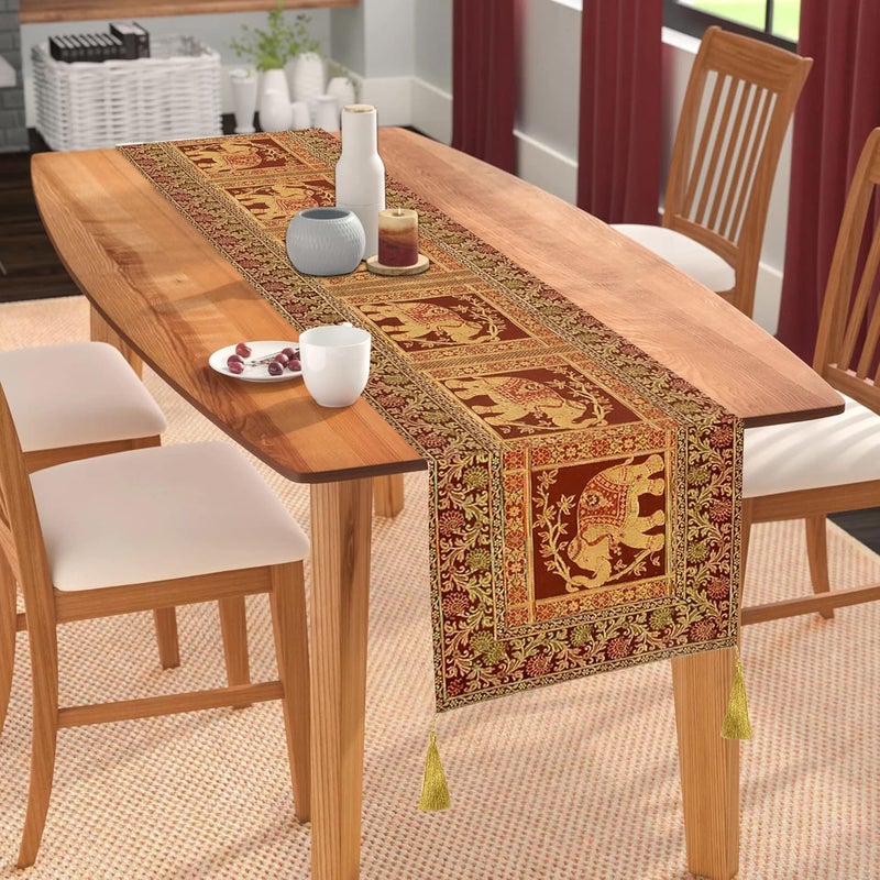 EEZRA Enhanced Decor Silk Feel Fabric Elephant Design Digital Brocade Jacquard Double Layered 4 6 Seater Table Runner End Gold Tassels Cloth 16 Inches X 60 Inches Brown