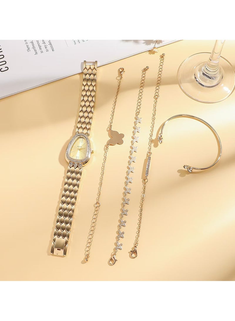 إكس أس في أو مجموعة من 5 ساعات نسائية أنيقة على شكل ثعبان بمقياس روماني + سوار من الألماس على شكل فراشة - Image 2