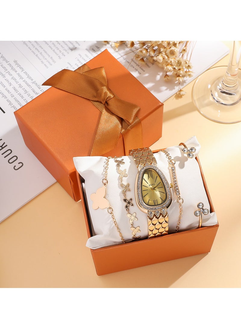 إكس أس في أو مجموعة من 5 ساعات نسائية أنيقة على شكل ثعبان بمقياس روماني + سوار من الألماس على شكل فراشة - Image 1