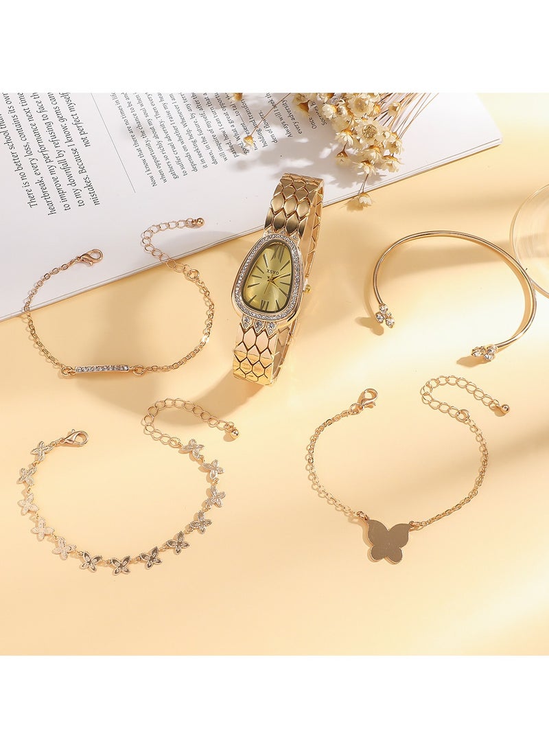 إكس أس في أو مجموعة من 5 ساعات نسائية أنيقة على شكل ثعبان بمقياس روماني + سوار من الألماس على شكل فراشة - Image 3