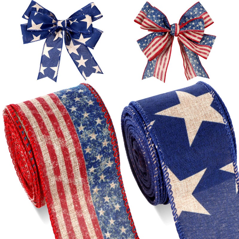 Cindeer 2 Rolls 20 Yard Patriotic Day Ribbon 4th of July Wreath Ribbon Stars and Stripes Vintage Wired Bow Red White Blue American Flag Wreath for Independence Day DIY Craft Party Decor 