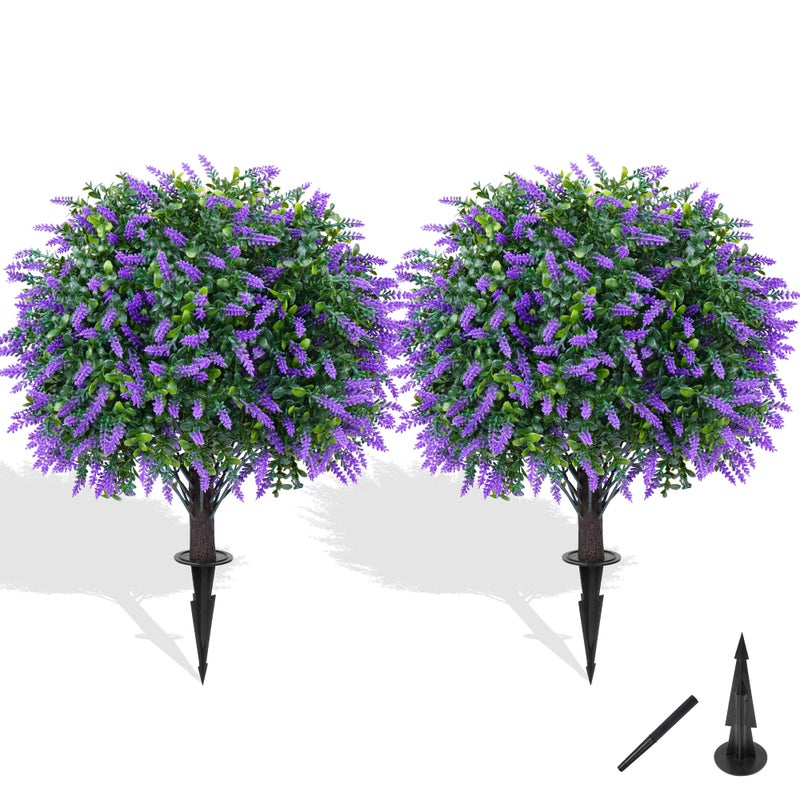 Grooy Artificial Boxwood Topiary Ball with Lavender, Set of 2 Artificial Shrub Bushes with Ground Spike, UV Resistant Fake Evergreen Plant Tree for Porch Outdoor Planters Indoor Valentine's Day - Image 1