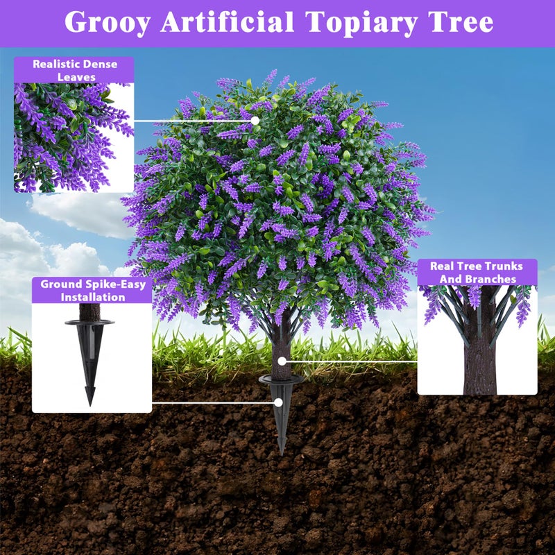 Grooy Artificial Boxwood Topiary Ball with Lavender, Set of 2 Artificial Shrub Bushes with Ground Spike, UV Resistant Fake Evergreen Plant Tree for Porch Outdoor Planters Indoor Valentine's Day - Image 3