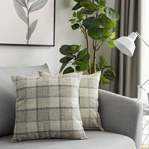 UGS UGASA UGASA Square Checkers Decorative Throw Pillow Case Cotton Linen Cushion Covers Shell with Hidden Zipper, 18 x 18 Inches, 2 Pc, Natural + Little Boy Blue - Image 1