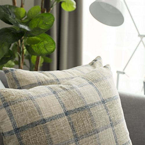 UGS UGASA UGASA Square Checkers Decorative Throw Pillow Case Cotton Linen Cushion Covers Shell with Hidden Zipper, 18 x 18 Inches, 2 Pc, Natural + Little Boy Blue - Image 4