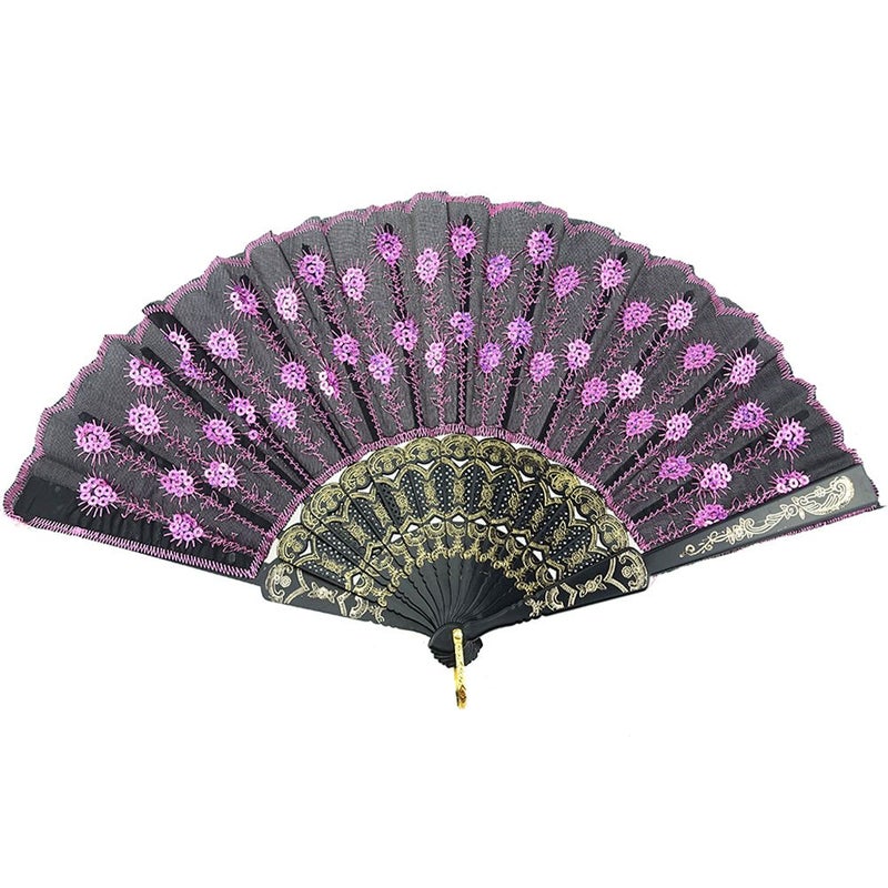 INNOLIFE Elegant Colorful Embroidered Flower Peacock Pattern Sequin Fabric Folding Handheld Hand Fan Handcrafted Pink
