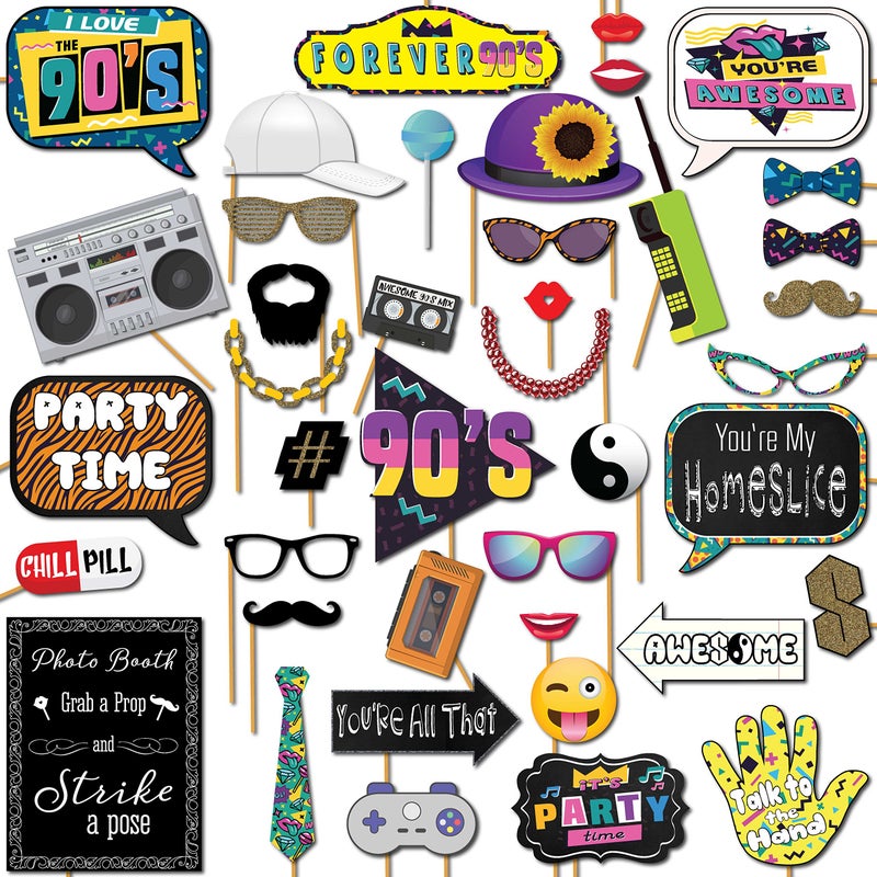 90s Photo Booth Props  41pc 90 s Selfie Prop Kit with 8 x 10Inch Sign 60 Adhesive Pads 45 Sticks  90 s Party Decorations  90s Birthday Party