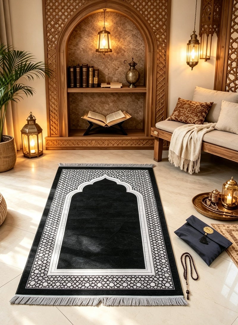 أوليس فيرس  هدية رمضان | مجموعة سجادة صلاة ومسبحة إسلامية مع حقيبة نسيج منسوج محمولة | جاناماز سجادة صلاة إسلامية ناعمة باللون الأسود - Image 1