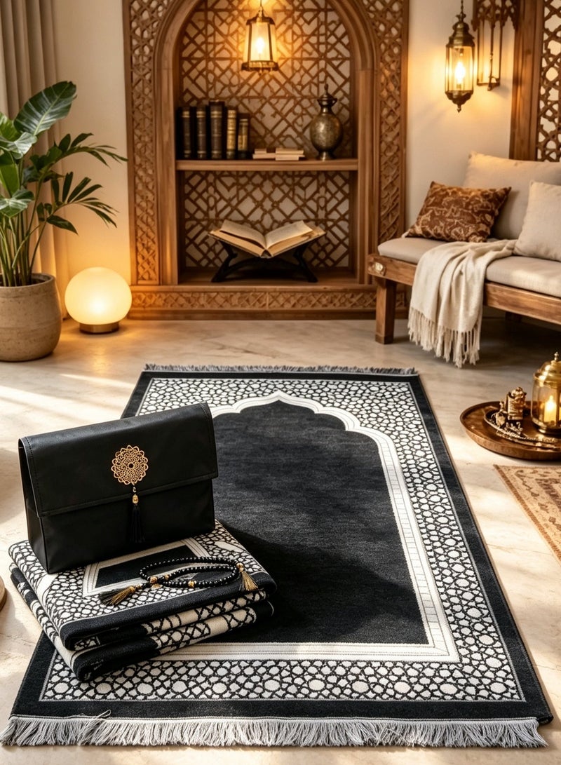 أوليس فيرس  هدية رمضان | مجموعة سجادة صلاة ومسبحة إسلامية مع حقيبة نسيج منسوج محمولة | جاناماز سجادة صلاة إسلامية ناعمة باللون الأسود - Image 3