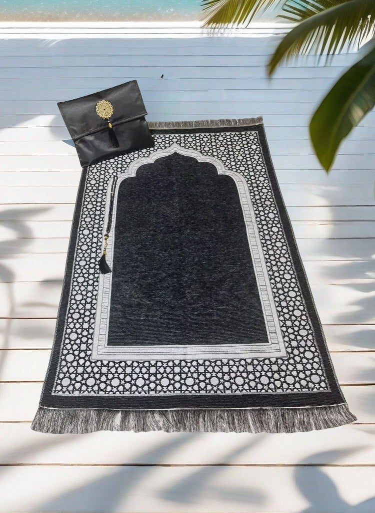 أوليس فيرس  هدية رمضان | مجموعة سجادة صلاة ومسبحة إسلامية مع حقيبة نسيج منسوج محمولة | جاناماز سجادة صلاة إسلامية ناعمة باللون الأسود - Image 5
