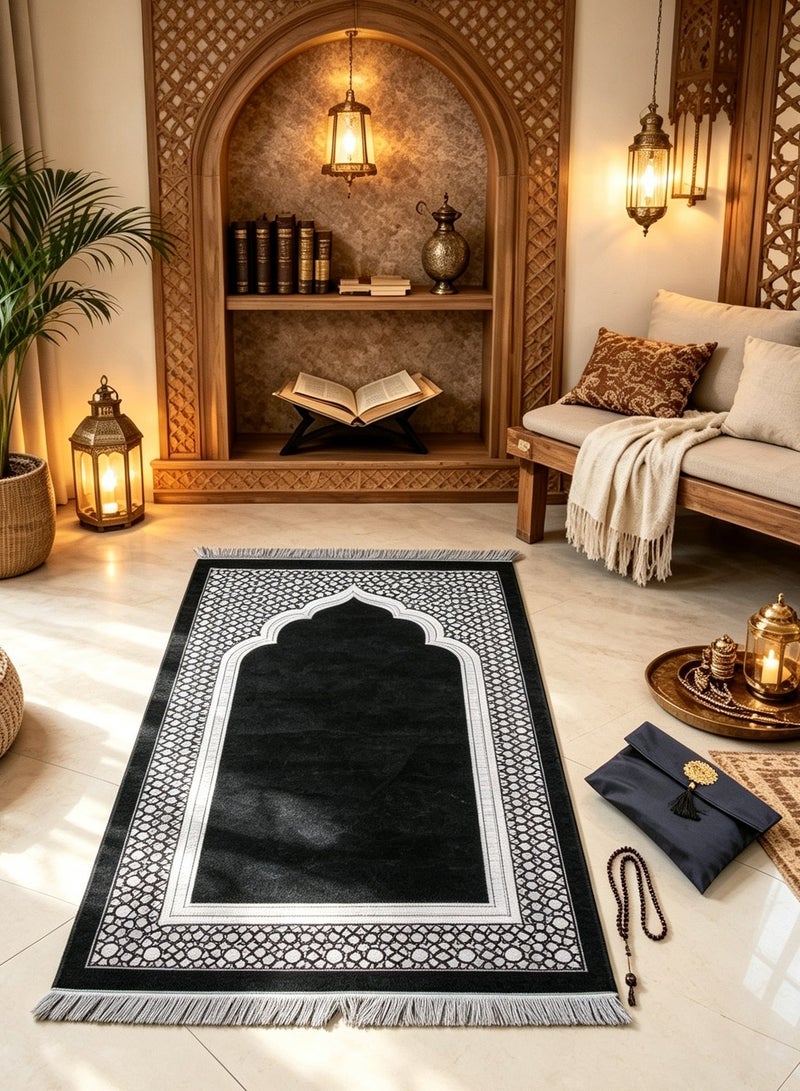 AuliceVerse Prayer Mat Muslim Prayer Rug and Beads Set with Portable Slub Fabric Bag | Janamaz Sajadah Soft Islamic Prayer Mat gift set in Black - Image 2