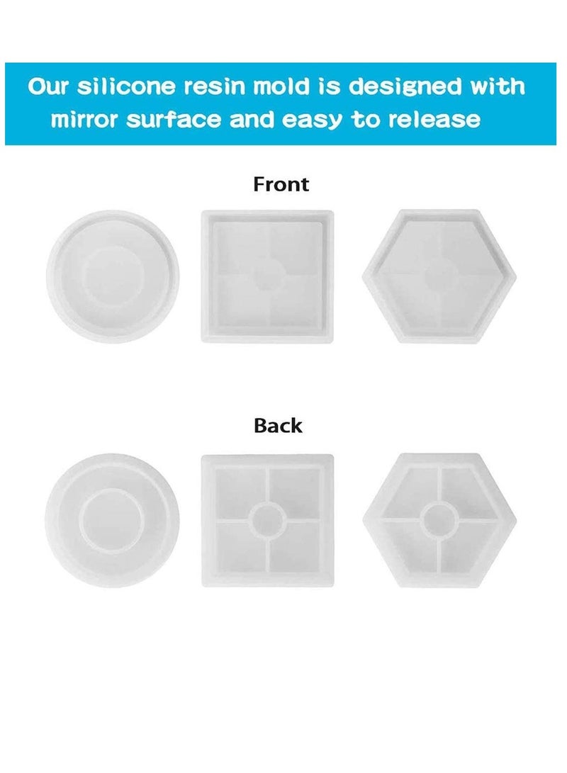 SYOSI 5 Pack Coaster Resin Moulds Transparent Silicone Mould Include Hexagon Square Round Shape Mould Silicone Coaster Moulds Epoxy Resin Mould Kit for Casting, Coaster Making DIY Craft - Image 3