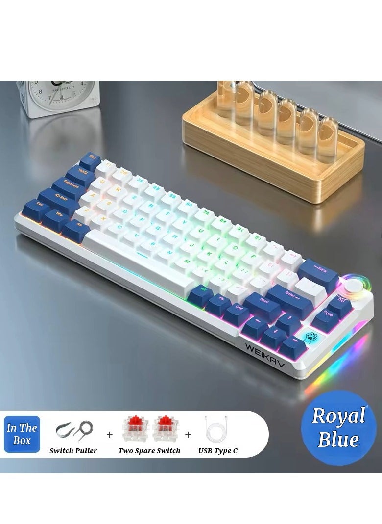 كيبورد العاب ميكانيكي، 68 مفتاح، مفتاح احمر/ازرق، اضواء RGB، عربي، سلكي USB نوع C، مقاوم للماء والغبار ازرق ملكي - مفتاح احمر