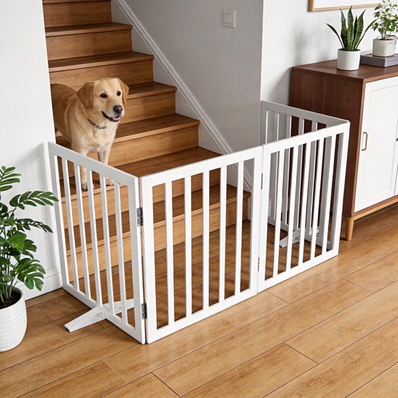 ZJSF Freestanding Indoor Dog Gate for House Foldable Wood White Puppy Gate for Doorways Pet Gate for Stairs Extra Wide Pet Fence 24" Height 3 Panels - Image 3